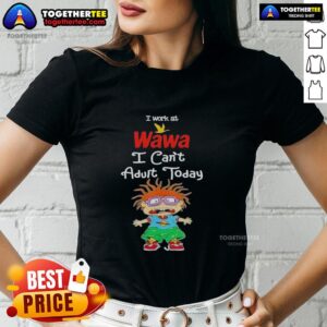 Original Chuckie Finster I Work At Wawa I Can't Adult Today Ladies Tee featuring cartoon design and vibrant colors.