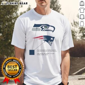 Alt Text: Seattle Seahawks and New England Patriots logos on a blue t-shirt featuring color