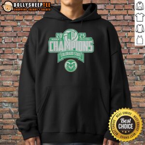 Alt Text: Top Colorado State Rams 2025 Mountain West Women's Volleyball Champions hoodie in green and gold colors.