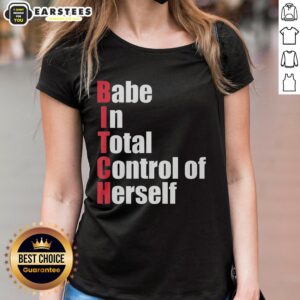 Awesome babe in total control of herself wearing a stylish red text ladies tee, showcasing confidence and empowerment.
