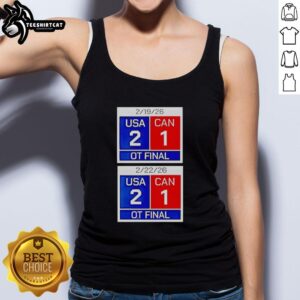 Alt Text: Premium tank top featuring American Hockey scoreboard USA 2, Canada 1 OT Final 2026 design.
