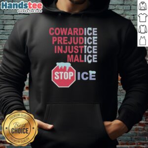Stop ICE hoodie featuring bold text: Nice, CowardICE, PrejudICE, InjustICE, MalICE. Stylish protest apparel for activism.