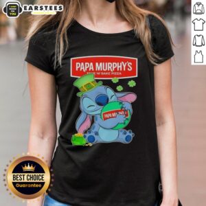 Cute Stitch hugging the Papa Murphy's logo on a Happy St. Patrick's Day ladies tee design.