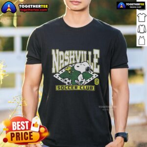 Alt Text: Awesome Peanuts Snoopy X Nashville SC T-Shirt featuring Snoopy in a Nashville soccer theme design.