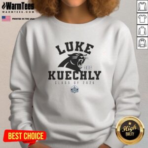 Luke Kuechly Carolina Panthers Class of 2026 Pro Football Hall of Fame sweatshirt featuring team colors and logo.