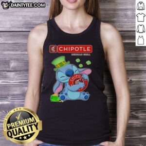 Alt Text: Happy St. Patrick's Day tank top featuring the Nice Stitch Hug Chipotle Mexican Grill logo in vibrant colors.