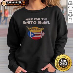 Alt Text: Top Here for the Benito Bowl Puerto Rican flag football sweatshirt featuring vibrant colors and sporty design.