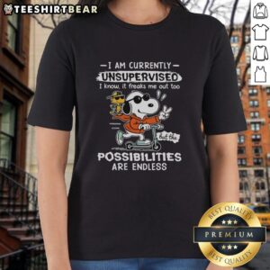 Snoopy and Woodstock on a scooter with 'I Am Currently Unsupervised' text on a ladies tee shirt design.