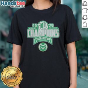 Original Colorado State Rams 2025 Mountain West Women's Volleyball Champions ladies tee featuring team colors and logo.