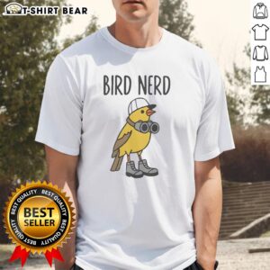 Nice bird nerd wearing shoes and binoculars t-shirt, enjoying nature while observing birds outdoors.