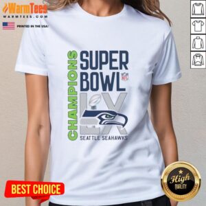 Pretty NFL Super Bowl LX trophy design on a Seattle Seahawks champions ladies tee shirt.