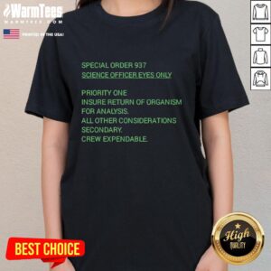 Awesome Alien Special Order 937 Science Officer Eyes Only Ladies Tee featuring a vibrant alien graphic design.