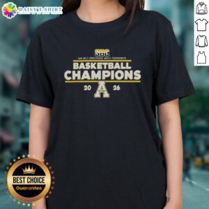 Alt Text: 2026 Appalachian State Mountaineers Sun Belt Conference Men's Tournament Champions ladies tee in black.