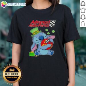 Cute Stitch hugging Advance Auto Parts logo on a Happy St. Patrick's Day ladies tee shirt design.