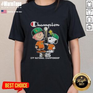 Alt Text: Official Charlie Brown and Snoopy 2025 CFP National Championship Miami Hurricanes Ladies Tee featuring vibrant graphics.