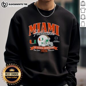 Official Miami Hurricanes CFP National Championship 2026 helmet and sweatshirt displayed together.