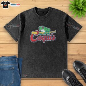 Alt Text: Official Frog Coquis Baseball Washed T-Shirt featuring a vibrant frog design, perfect for casual wear and sports fans.