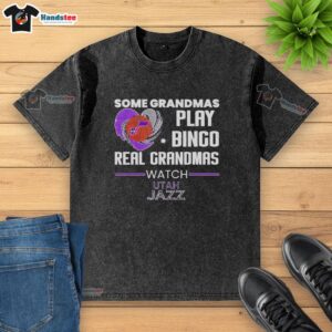 Premium Utah Jazz washed t-shirt featuring grandmas playing bingo, perfect for fans and stylish comfort.