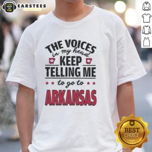 Funny 'The Voices In My Head Keep Telling Me To Go To Arkansas' T-Shirt design featuring playful graphics and bold text.