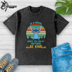 Retro washed t-shirt featuring 'Pretty Stitch in a World Where You Can Be Anything, Be Kind' design.