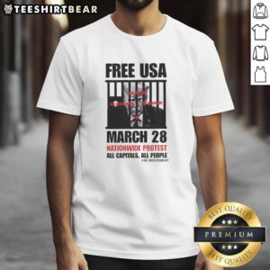 Top Trump Free USA March 28 nationwide protest t-shirt featuring bold graphics and vibrant colors promoting activism.