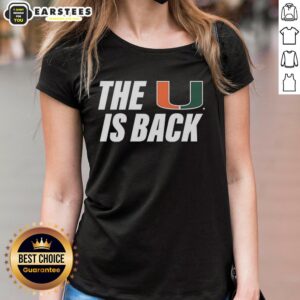 Alt Text: Hot Miami Hurricanes NCAA 'The U is Back' ladies tee featuring vibrant team colors and stylish design for fans.