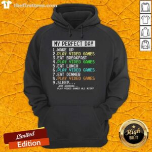 Cozy hoodie featuring 'My Perfect Day' design with video games and breakfast theme, perfect for gamers.
