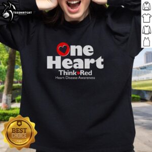 Red sweatshirt for Heart Disease Awareness Month featuring 'Top One Heart Think' design for raising awareness.
