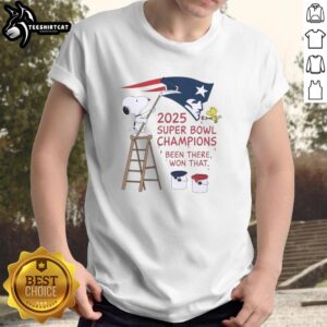 Nice Snoopy and Woodstock drawing on New England Patriots 2025 Super Bowl Champions 'Been There Won That' T-Shirt.