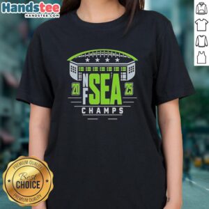 2025 Seattle Seahawks NFC Champions ladies tee featuring four stars, perfect for fans at the stadium or casual wear.