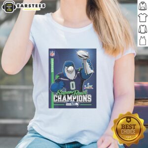 Alt Text: Nice Seahawks Super Bowl Champs mascot trophy ladies tee showcasing team spirit and style for fans.
