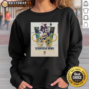 Official US Olympic Men's Ice Hockey Team sweatshirt celebrating USA wins, featuring patriotic colors and logo.