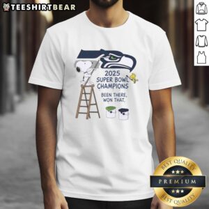 Alt Text: Snoopy and Woodstock drawing on a Seattle Seahawks 2025 Super Bowl Champions Been There Won That T-shirt design.