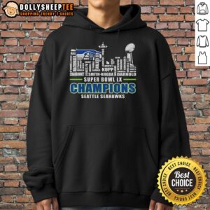 Alt Text: Premium Seattle Seahawks Super Bowl LX Champions 2026 hoodie featuring player names and city skyline design.