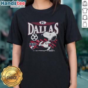Alt Text: Top Peanuts Snoopy X FC Dallas ladies tee featuring a stylish design for fans of soccer and Peanuts characters.