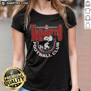 Alt Text: Official Peanuts Snoopy X Toronto FC ladies tee featuring Snoopy in team colors, perfect for fans and stylish wear.