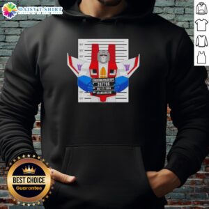 Alt Text: Official Starscream Cybertron Police Dept mugshot hoodie featuring a vibrant graphic of Starscream.