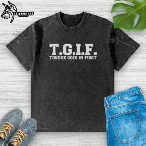 Stylish washed t-shirt with 'Pretty TGIF' design, featuring a playful tongue graphic for casual wear.