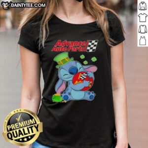 Happy St. Patrick's Day ladies tee featuring Nice Stitch Hug and Advance Auto Parts logo for festive automotive style.