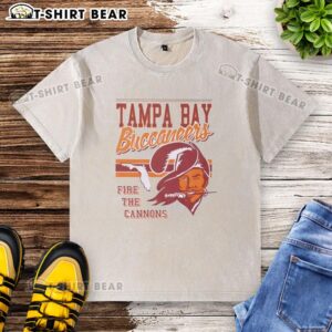 Original Tampa Bay Buccaneers Fire The Cannons spirit script washed t-shirt in vibrant team colors, perfect for fans.