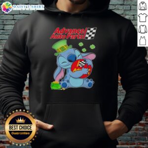 Cute Stitch hugging Advance Auto Parts logo on a Happy St. Patrick's Day hoodie design, perfect for festive wear.