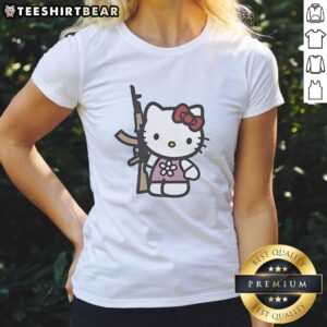 Alt Text: Cute Hello Kitty holding an AK-47 rifle on a stylish ladies tee, perfect for fun and unique fashion statements.