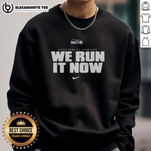 Top Seattle Seahawks Nike Super Bowl LX Champions sweatshirt featuring 'We Run It Now' design in vibrant colors.