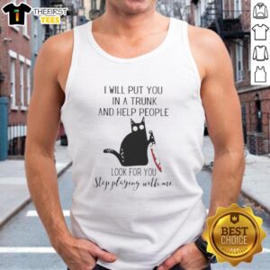 Original black cat holding a knife with blood, featured on a humorous tank top design.