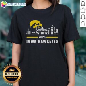 Premium 2026 Iowa Hawkeyes All Names City Skyline Ladies Tee showcasing vibrant design and team spirit.