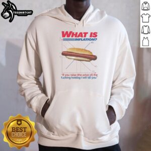 Alt Text: Official 'What Is Inflation' hoodie featuring bold text about rising hotdog prices, perfect for humor and economic discussions.