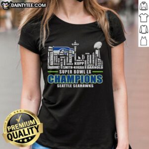 Alt Text: Seattle Seahawks Super Bowl LX Champions 2026 players names in city skyline shape on stylish ladies tee.
