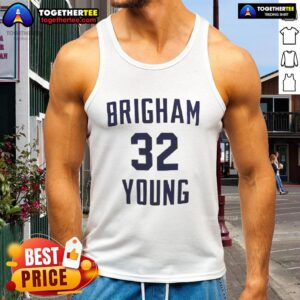 Jimmer Fredette wearing a Brigham Young 32 tank top, showcasing his iconic style and connection to BYU basketball.