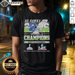 Alt Text: Seattle Seahawks Super Bowl LX and XLVIII Champions T-Shirt for 2026, featuring 'Go Hawks' design.
