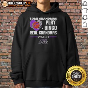 Official Utah Jazz hoodie featuring 'Some Grandmas Play Bingo, Real Grandmas Watch Utah Jazz' slogan in vibrant design.